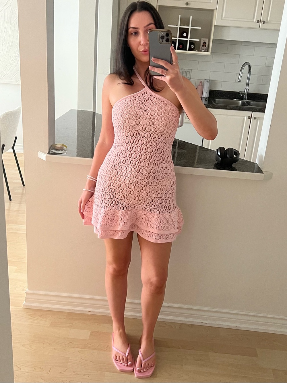 Meshki Crochet Halter Baby Pink Mini Dress - Picture 2 of 3